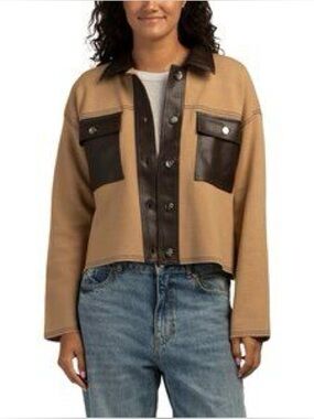 NWT- Nanette Lepore Camel Chocolate Brown Faux Leather Trim Button Front Jacket